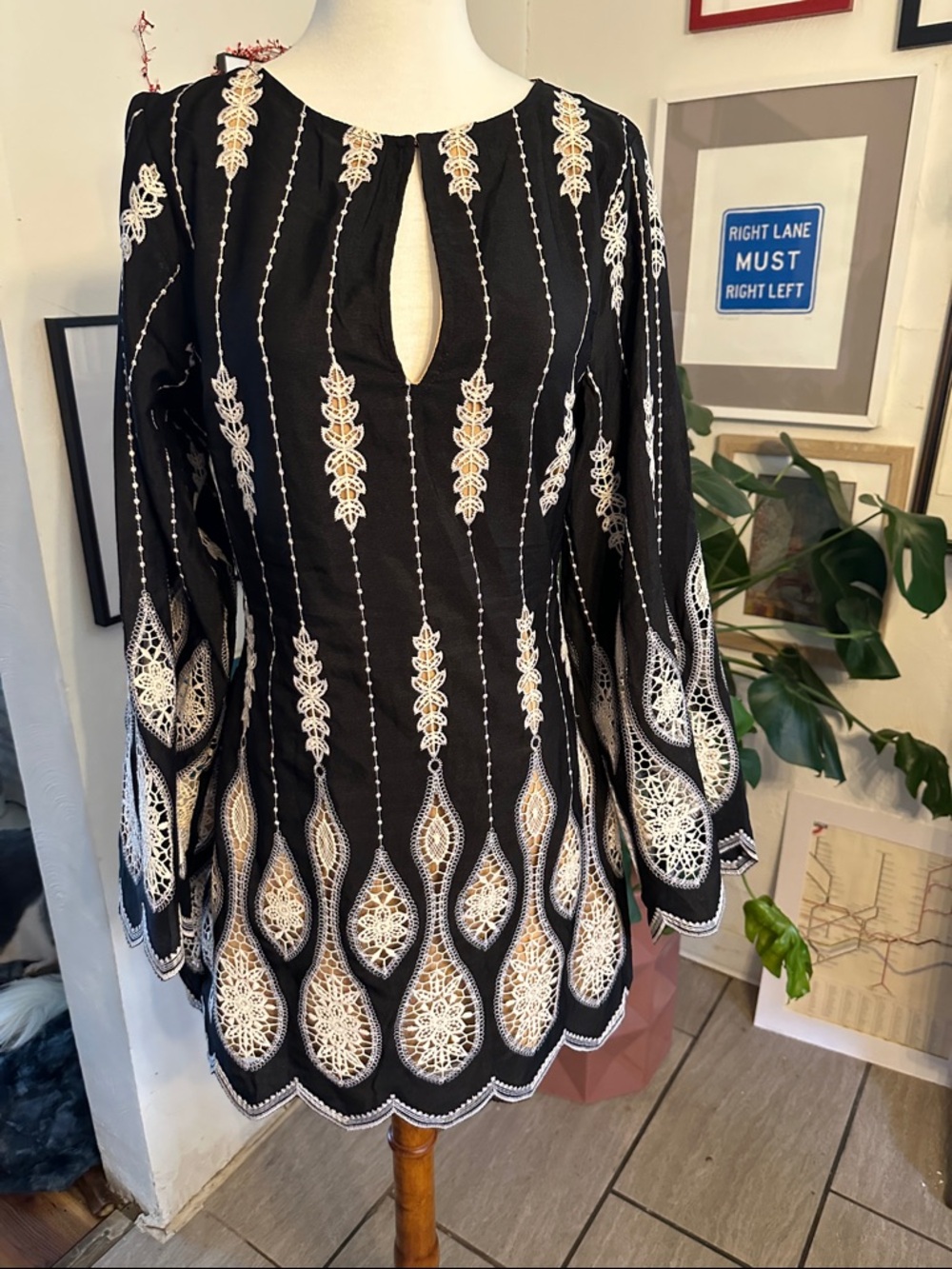 Vici collection Black Mini Dress with White & Cream Embroidery